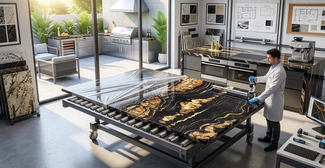  Black and gold granite polished slab with bold gold veining