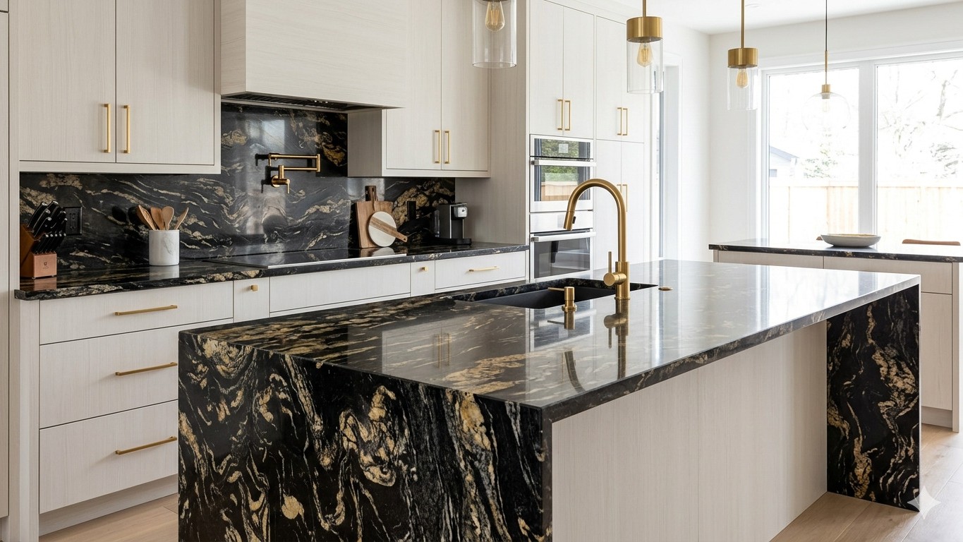 Titanium Granite polished countertop in modern kitchen with light cabinetry and gold fixtures