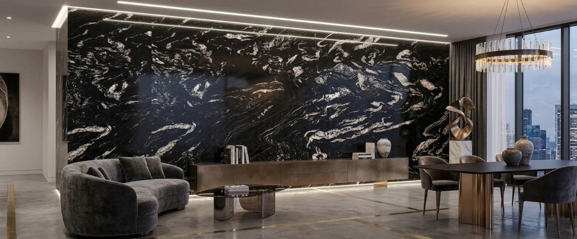 Modern luxury apartment with polished titanium granite feature wall