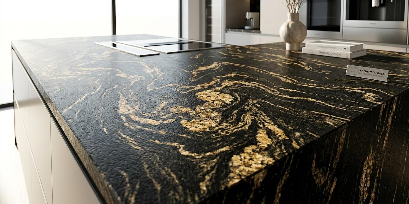 Black and gold granite leathered finish close-up showing natural gold mineral