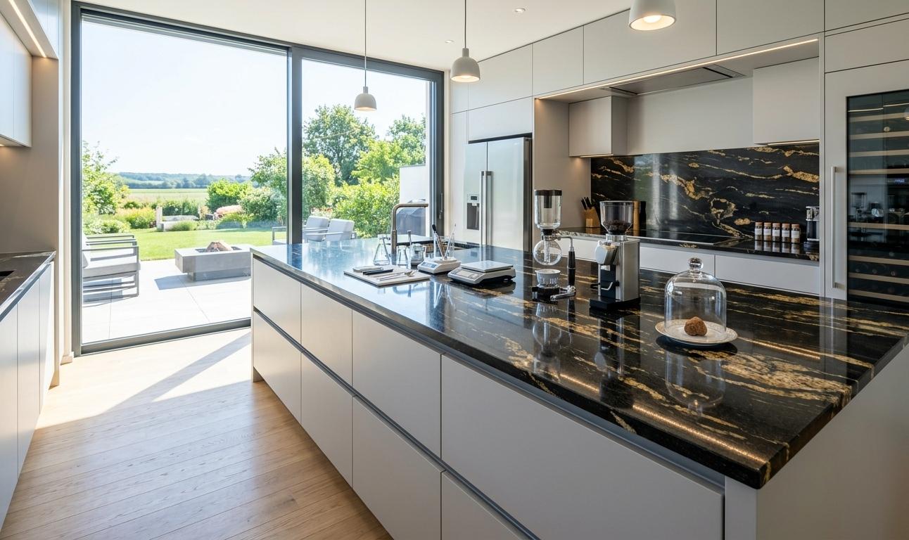 Modern kitchen island with black and gold granite countertop