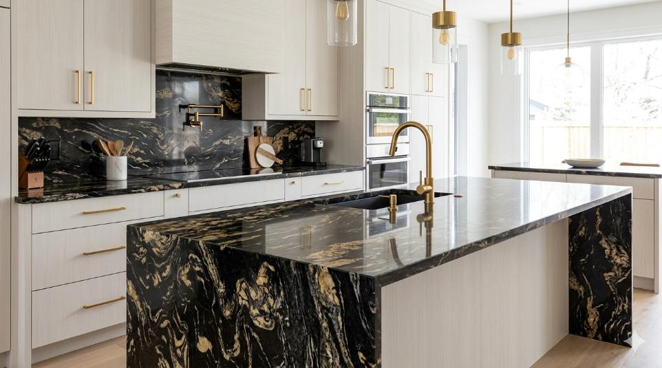 Black titanium granite kitchen island