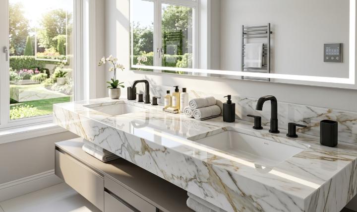 Polished natural stone slab used as a bathroom vanity top with undermount sink