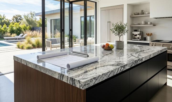 Large granite slab with white and grey veining installed as a kitchen island countertop