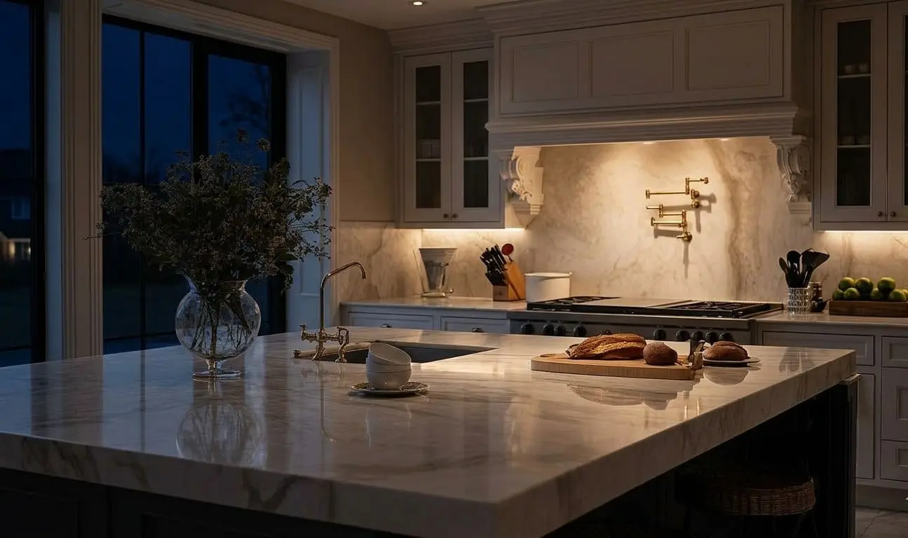 Conceptual rendering of Calacatta marble kitchen countertop with a large vase of dried flowers