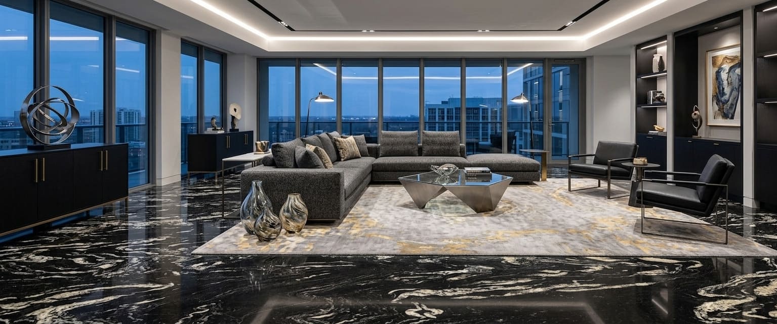 Modern high-end living room with polished titanium granite flooring and city views