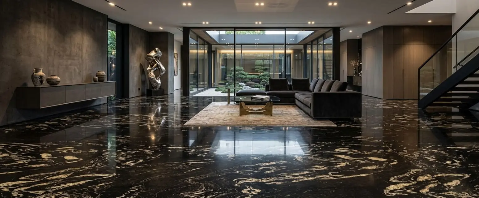 Wide-angle view of luxurious, highly polished titanium granite flooring