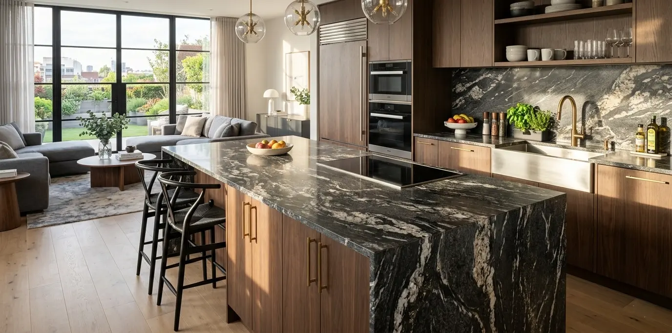 Modern Kitchen with Titanium Granite Countertops installed
