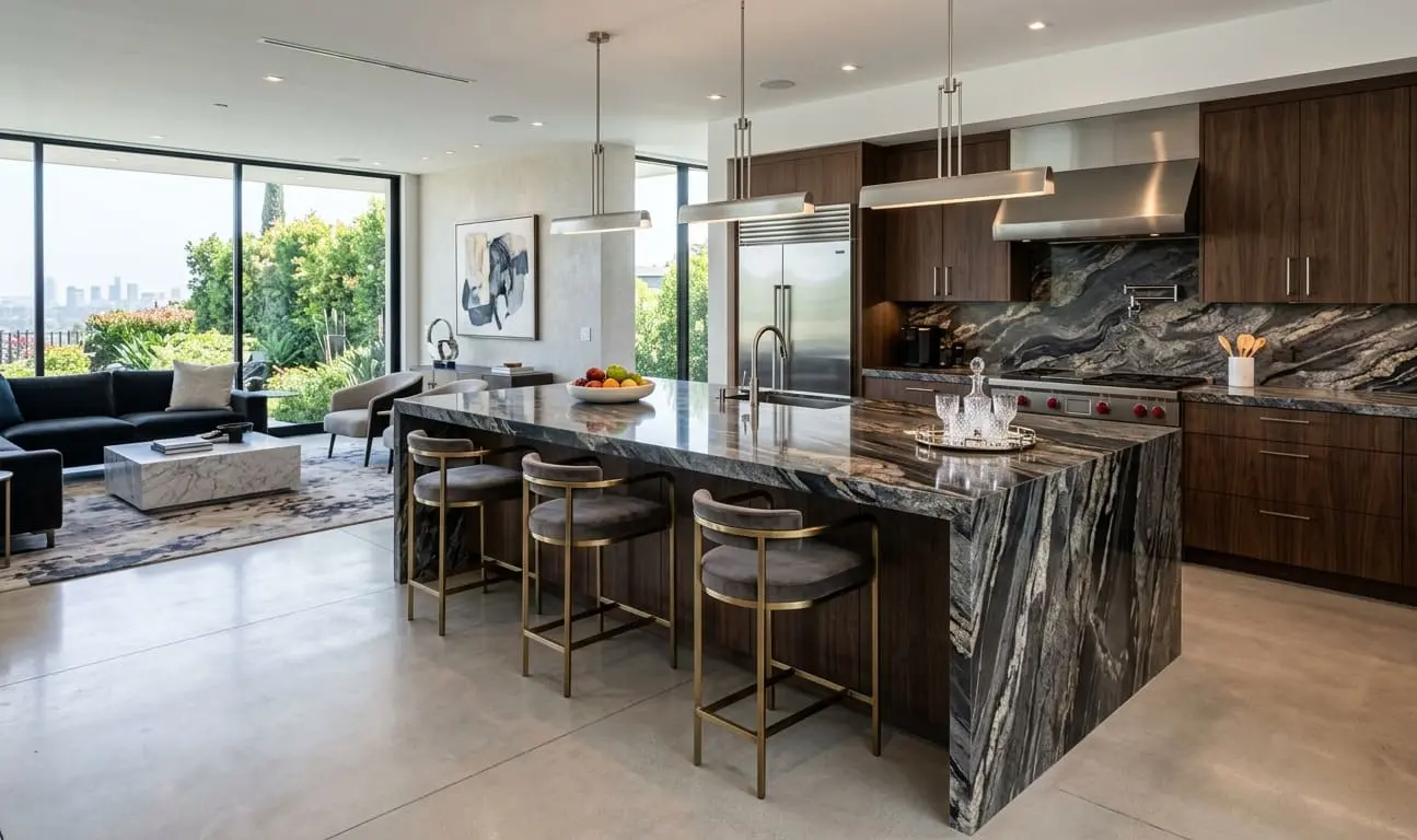 Polished titanium granite kitchen island