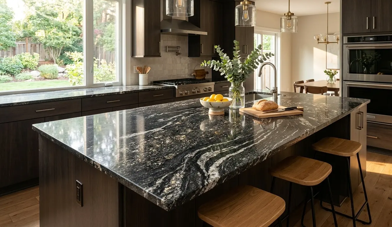 Titanium granite kitchen countertop slab with polished finish