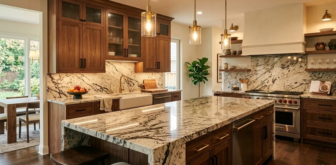 Polished granite slab kitchen island with dark veining