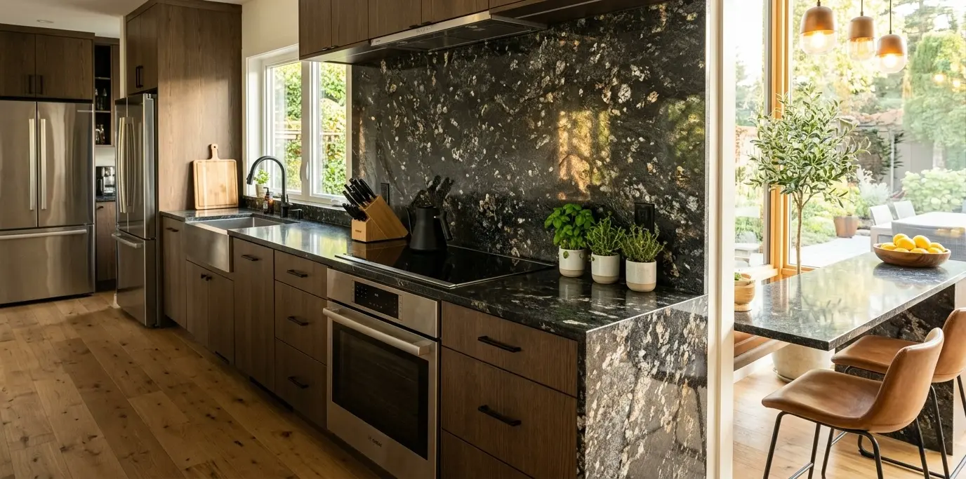 Titanium granite kitchen countertop slab with polished finish