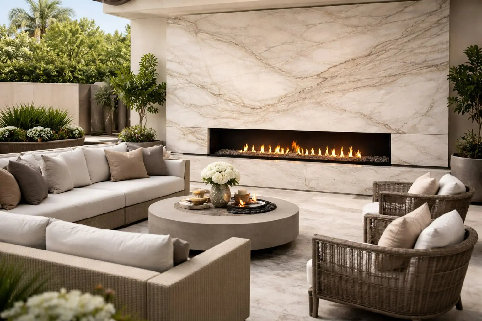 Outdoor patio lounge with white stone fireplace surround, large format floor tiles, and neutral seating arrangement