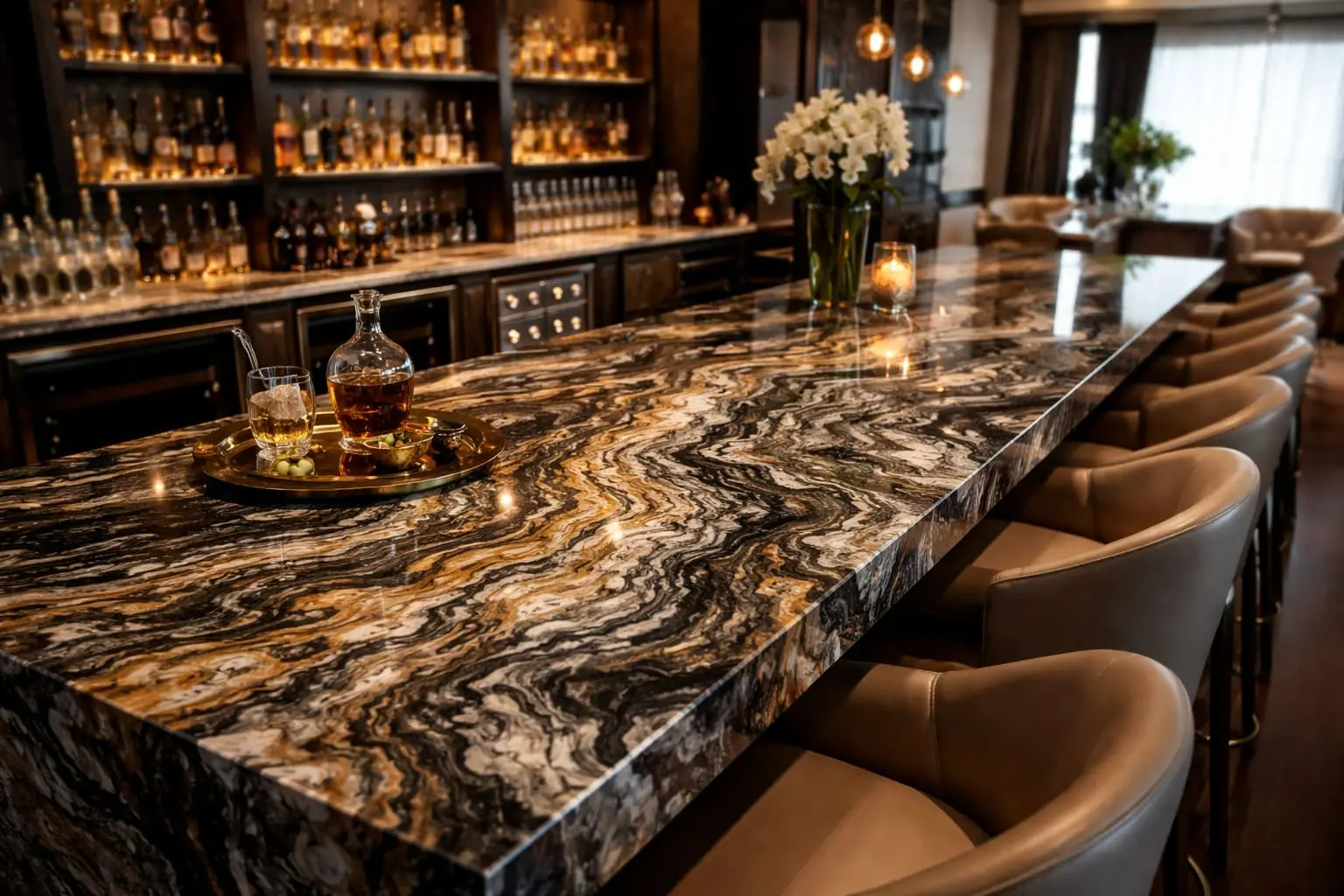 Titanium granite bar top with polished finish showing black, gold, and cream veining in a home bar setting