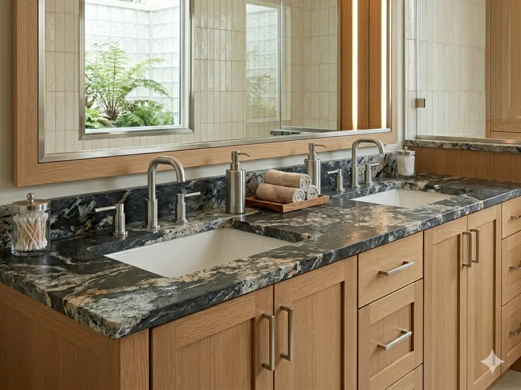 Honed Titanium Granite bathroom vanity countertop with matte finish and brushed chrome faucets