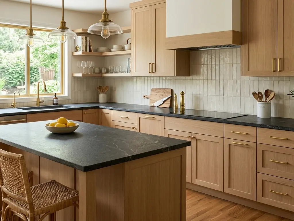 Honed Titanium Granite matte kitchen countertop with light wood cabinetry and gold hardware
