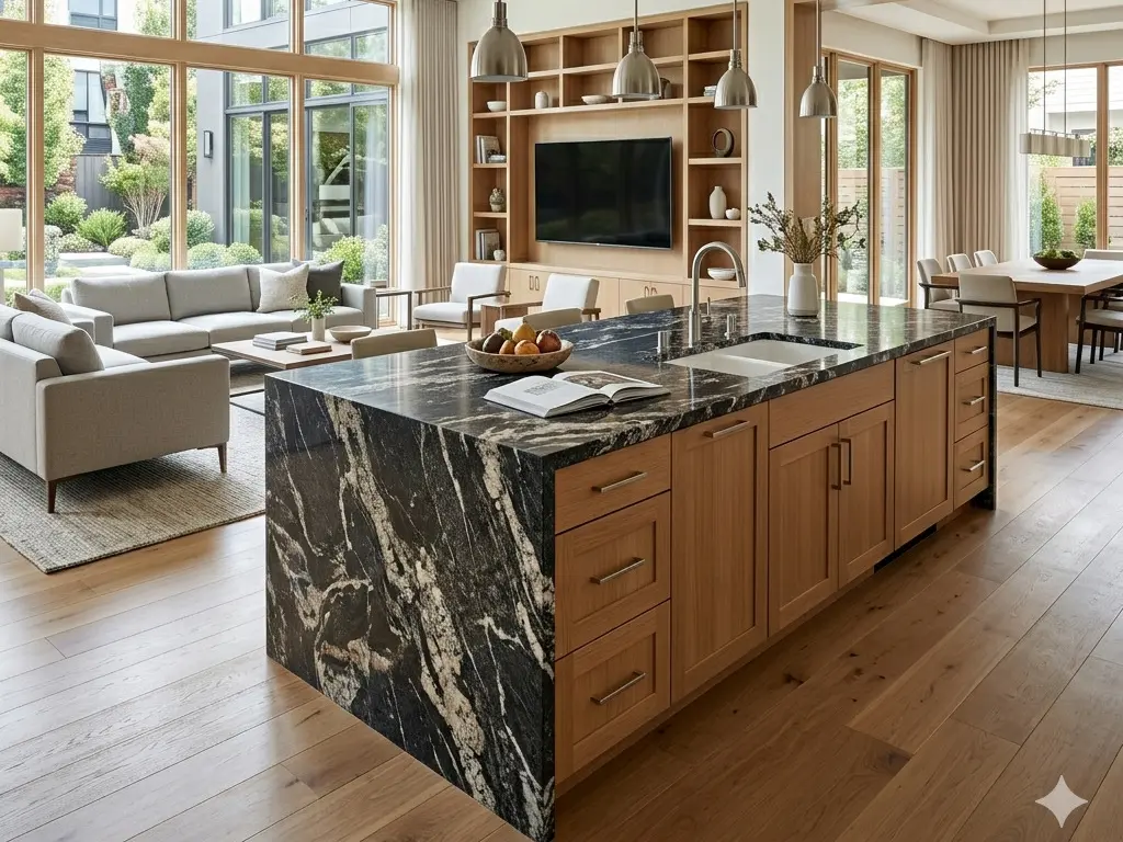 Titanium Granite kitchen island countertop as focal point in open-concept modern living space