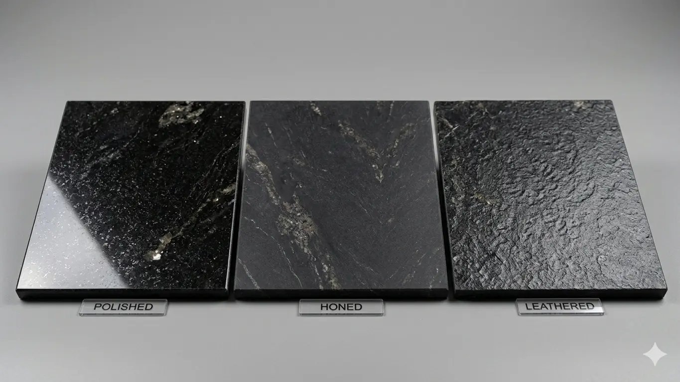 Titanium granite finish comparison showing polished, honed, and leathered slab samples side by side