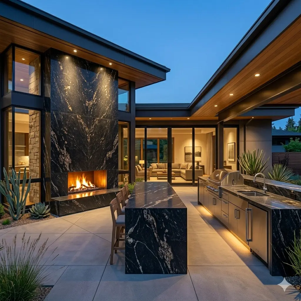 High-end backyard design showing a dark Titanium Granite Outdoor Fireplace next to the grill