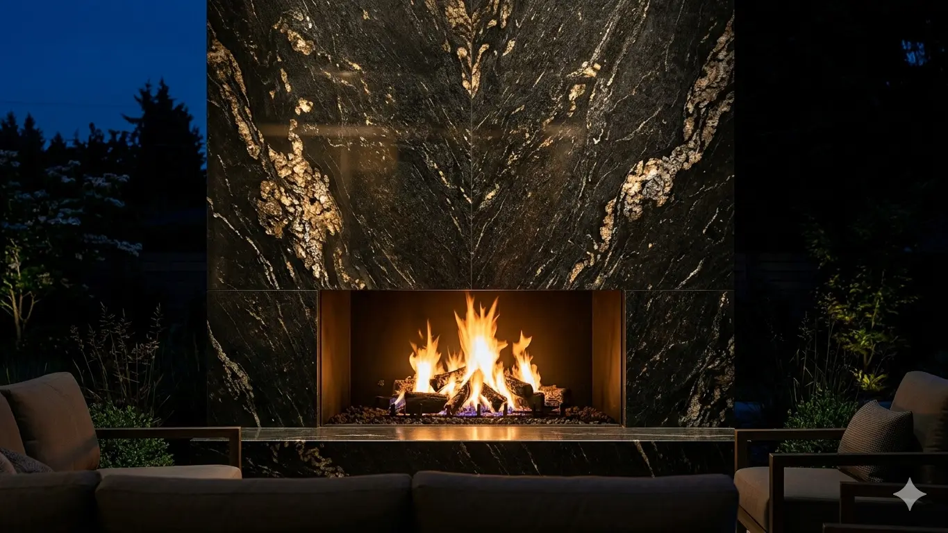 Titanium Granite Outdoor Fireplace lit at dusk with flame light on metallic mineral deposits
