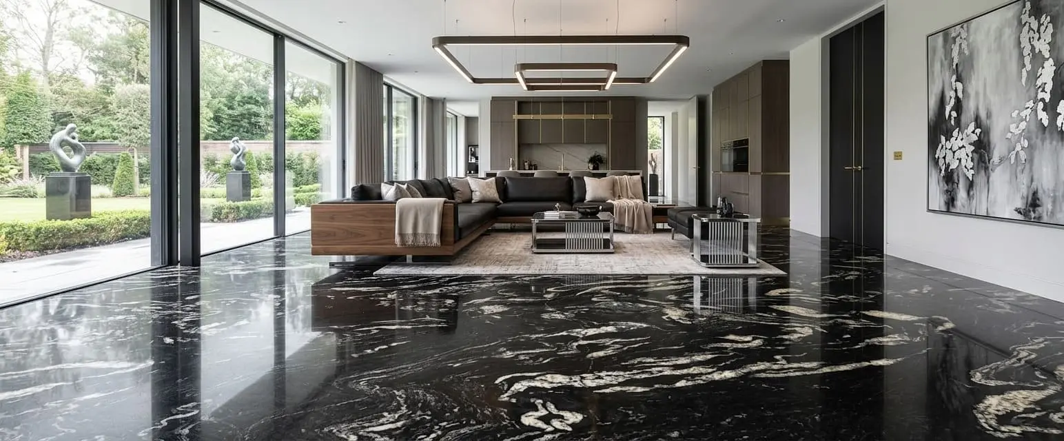 Modern living room with titanium granite flooring