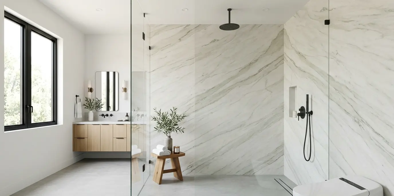 Walk-in shower with Mont Blanc quartzite wall panels