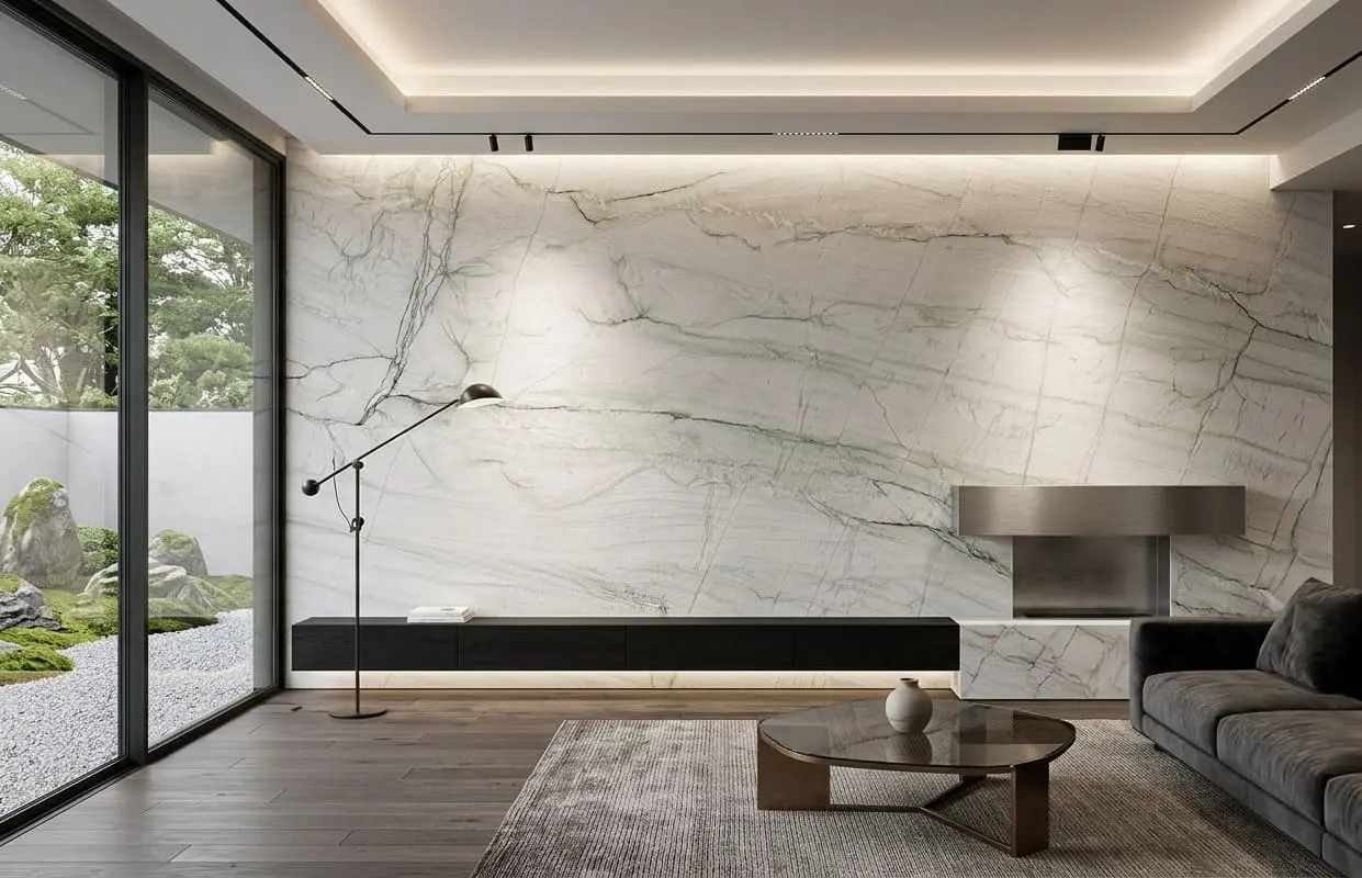 Modern living room with a Zermatt quartzite accent wall