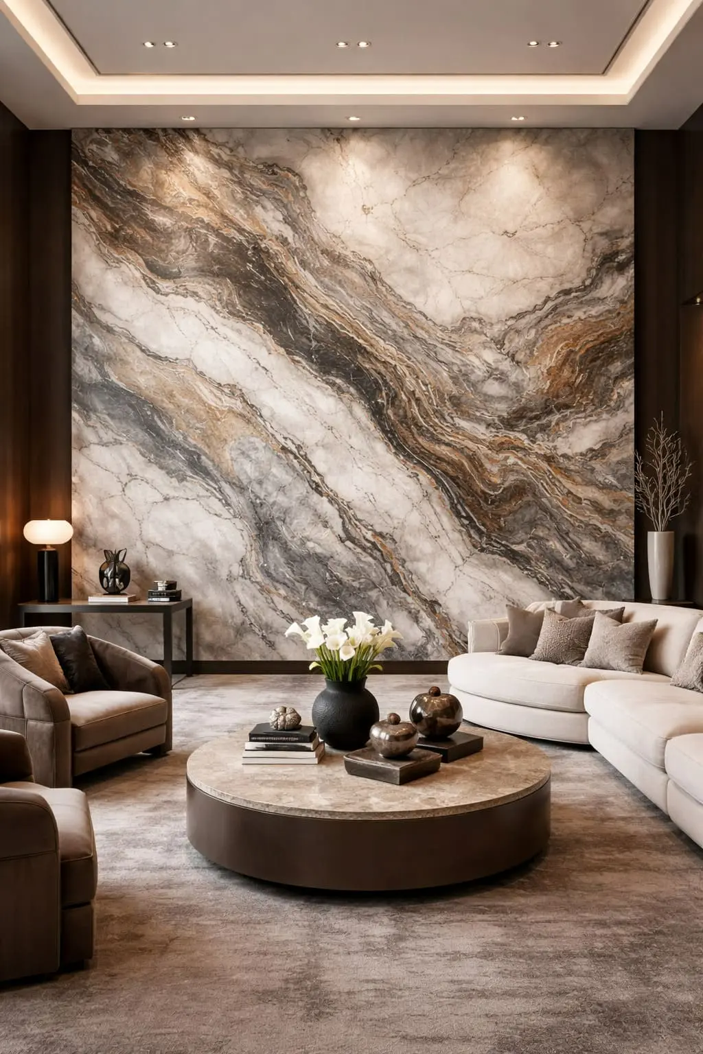Leathered Zermatt quartzite feature wall in a modern indoor living space