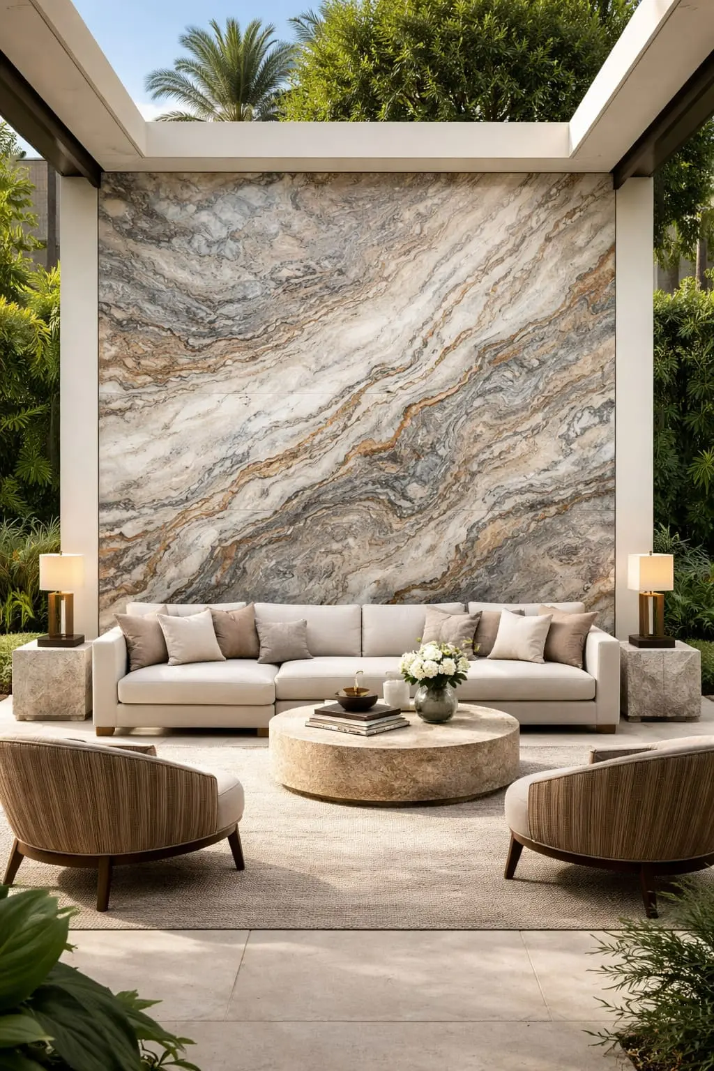 Leathered Zermatt quartzite stone wall in a covered outdoor seating area