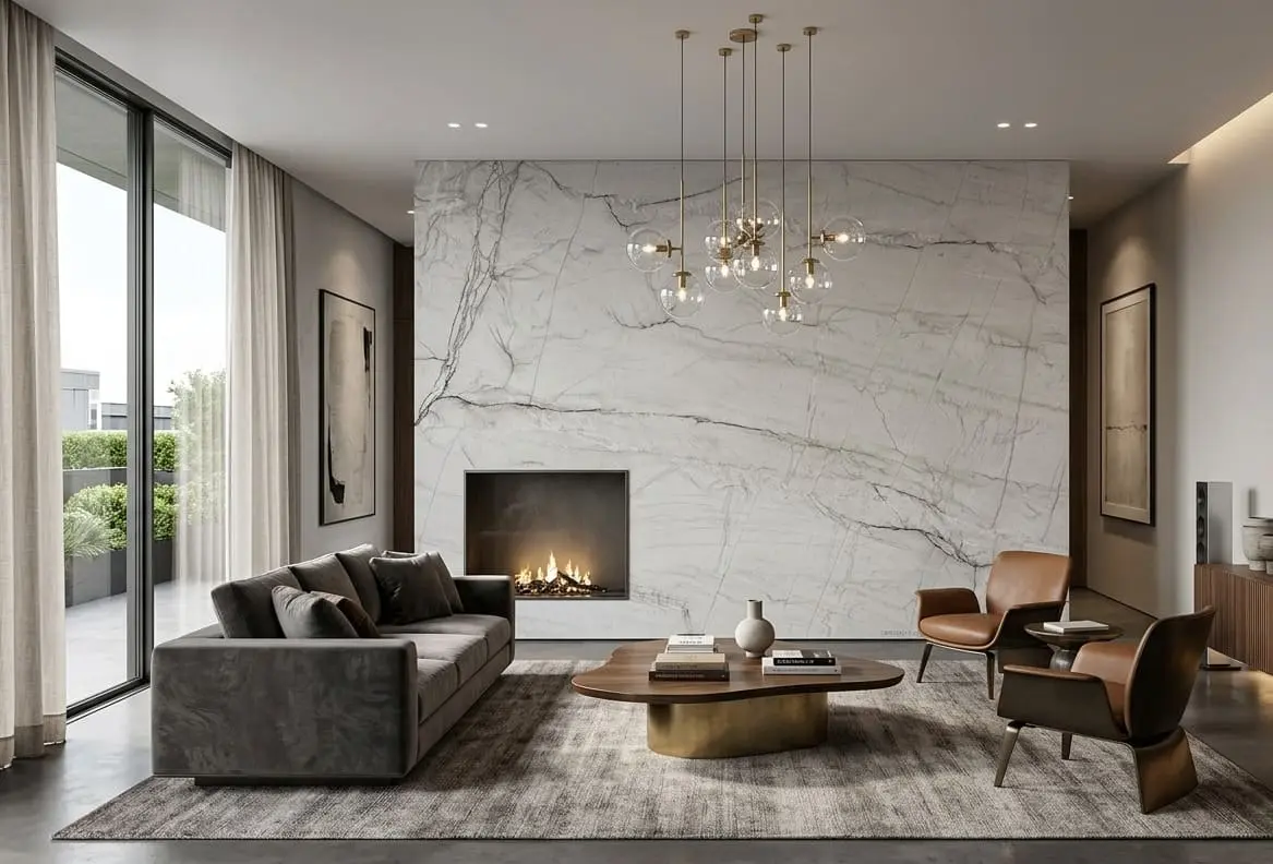 Luxury living room featuring a stunning accent wall made of seamless Zermatt quartzite