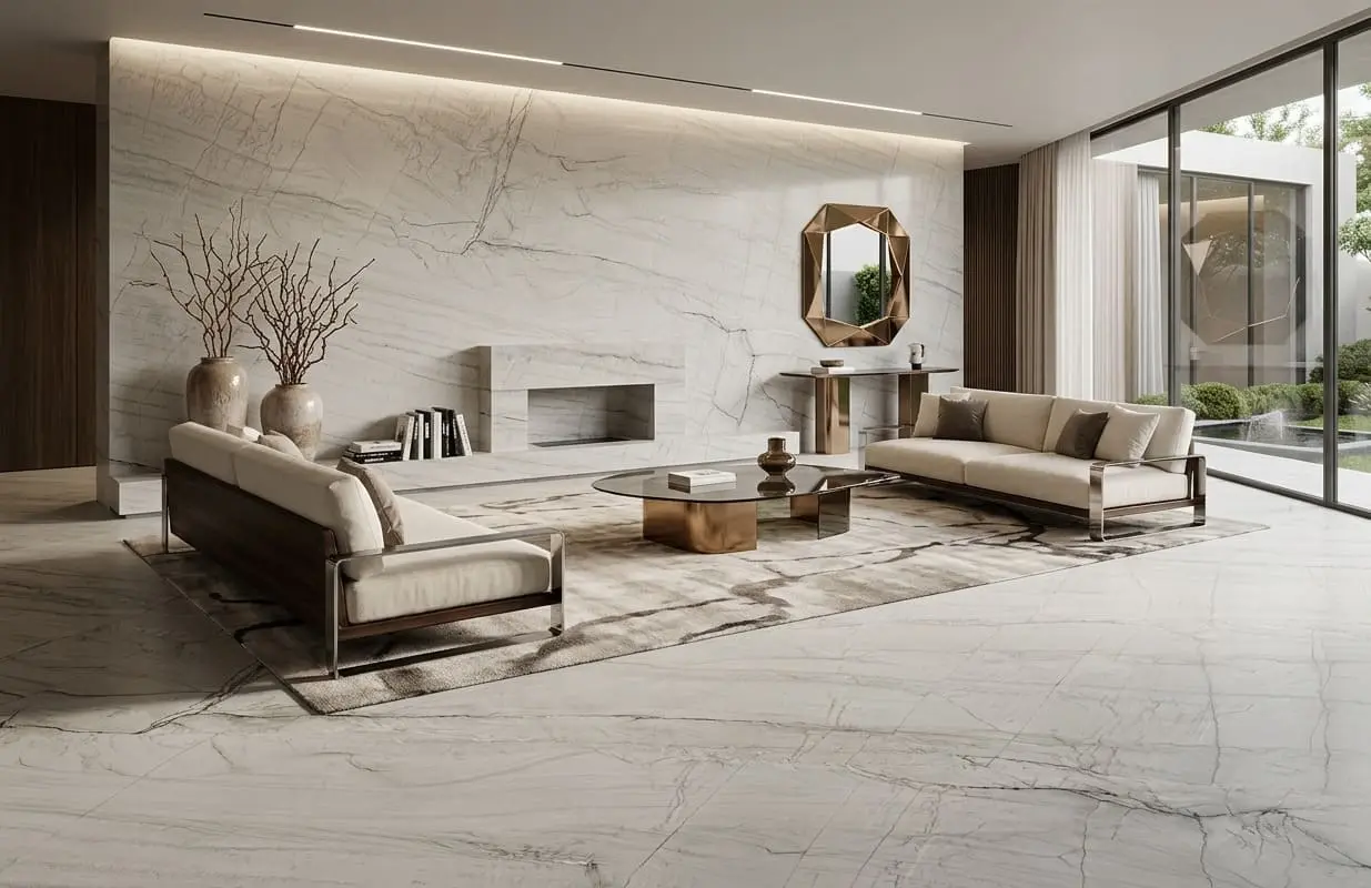 Minimalist living room with a white Zermatt quartzite stone wall and flooring