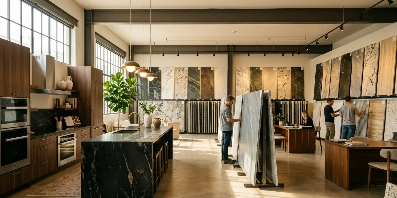 Natural stone slab showroom with customers browsing quartzite and granite slab options