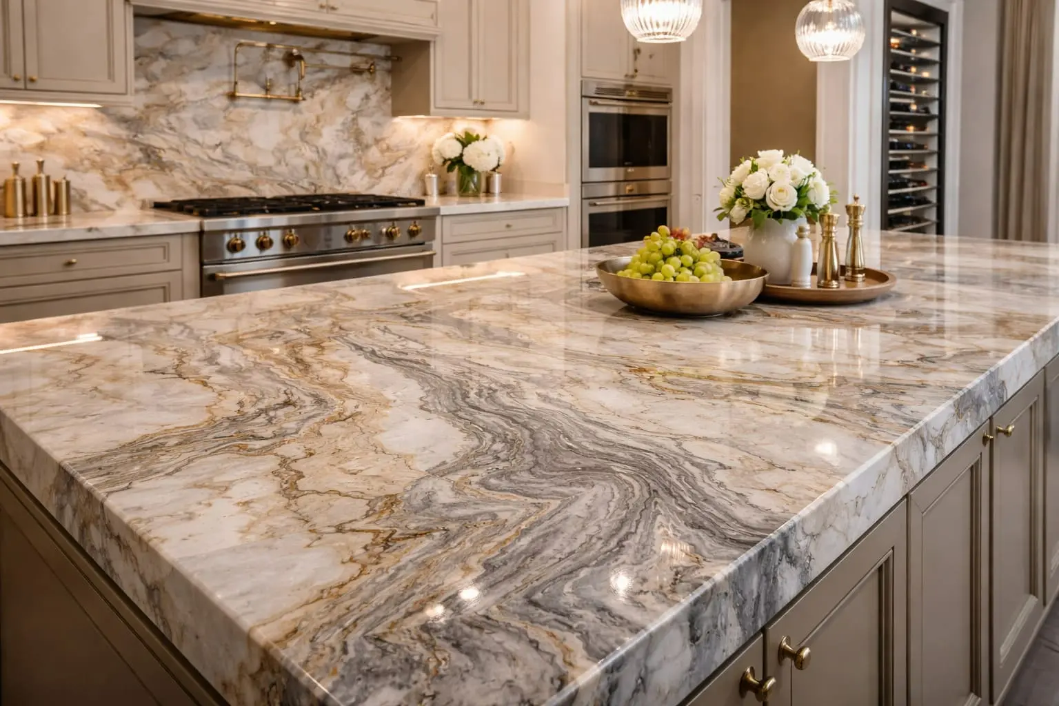 Polished Zermatt quartzite kitchen island surface with natural gray and gold veining