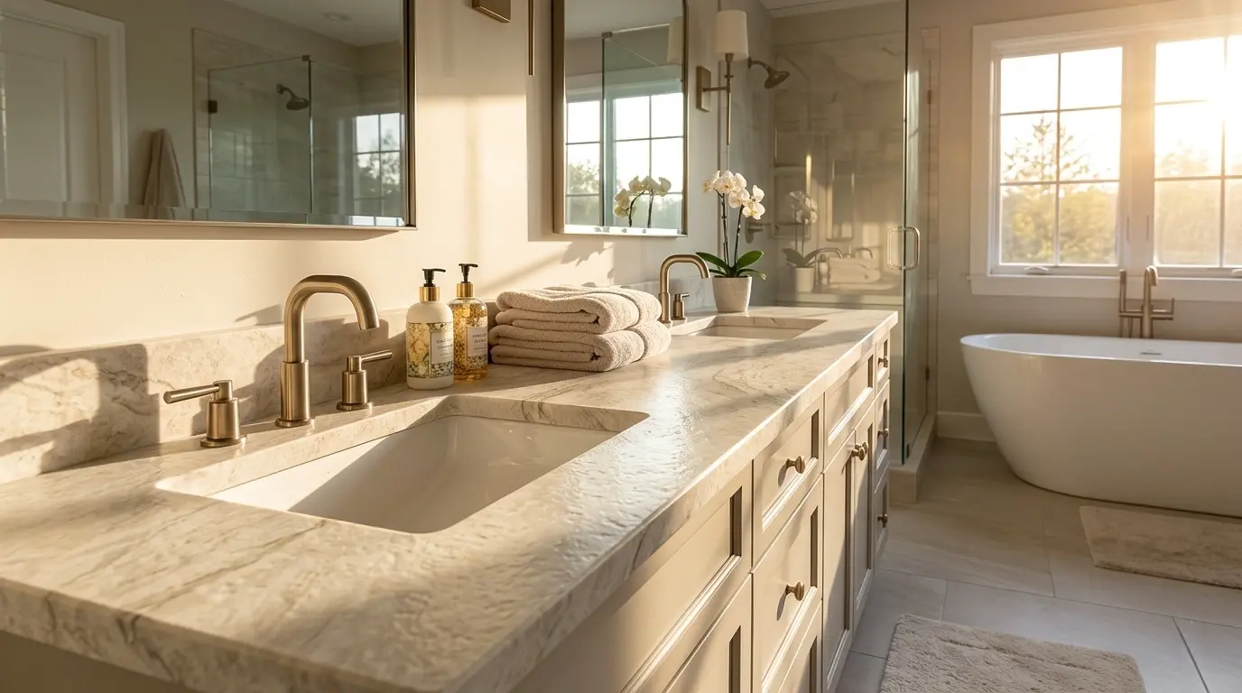 Leathered quartzite countertop surface installed on bathroom vanity