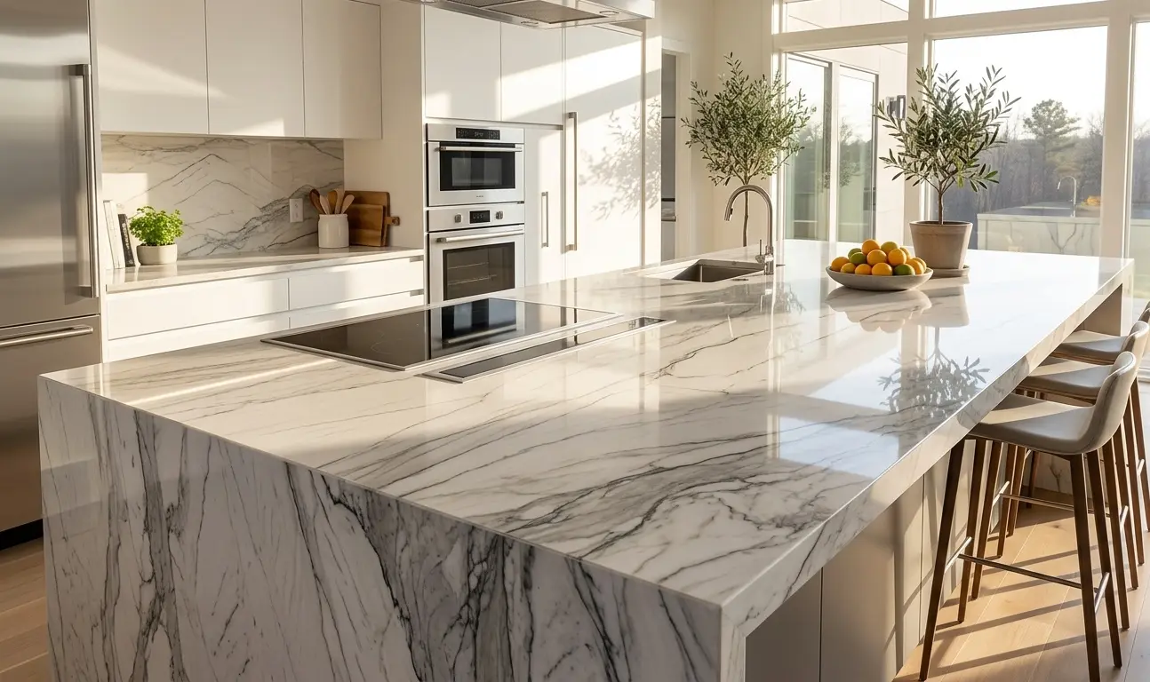 Polished Zermatt quartzite slab close-up showing natural geological patterning