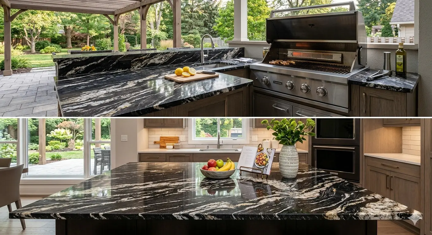 Elegant Titanium Granite Outdoor Kitchen and indoor island countertop showing natural stone material continuity