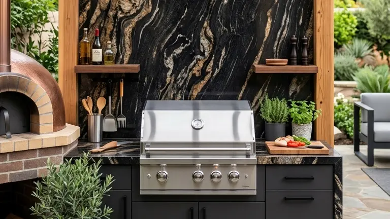 Titanium Granite Outdoor Kitchen feature wall with vertical mineral movement behind a luxury grill station