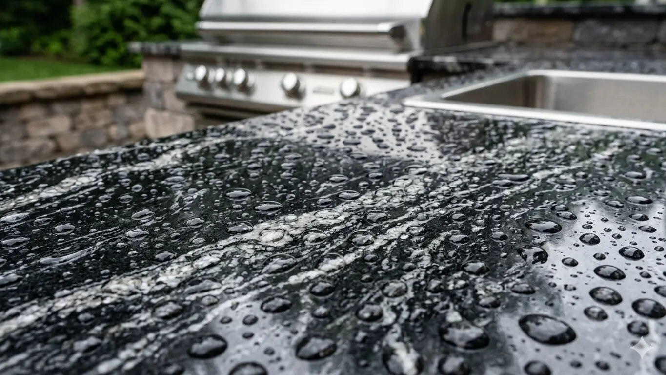 Titanium Granite Outdoor Kitchen countertop surface with water beading to show weather resistant properties