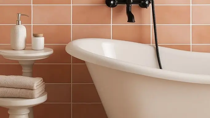 Fresco 3x6 glossy ceramic decorative wall subway tile in a warm terracotta bathroom setting