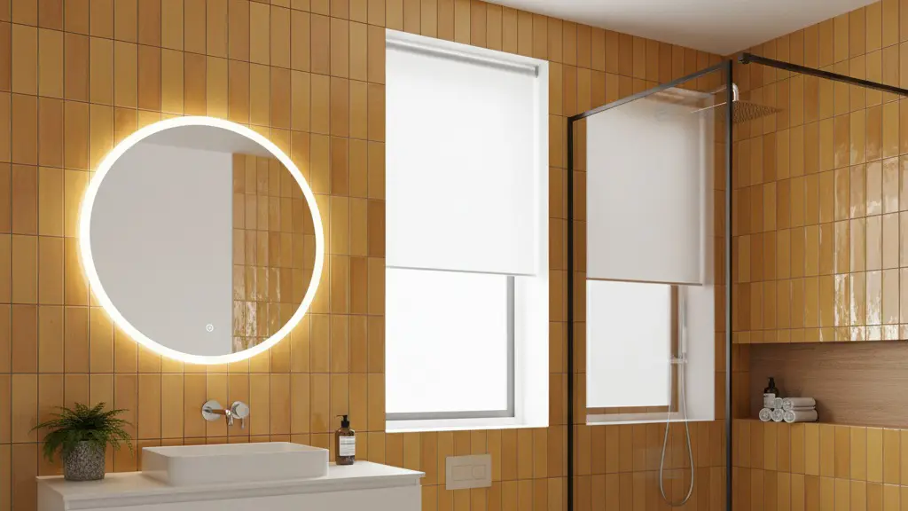 Lucida 3x9 glossy ceramic subway tile in a warm-toned bathroom