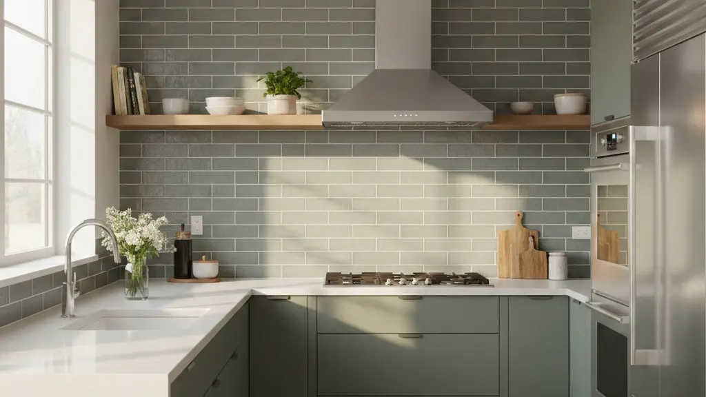 Sage green glossy subway tile backsplash in a horizontal brick pattern