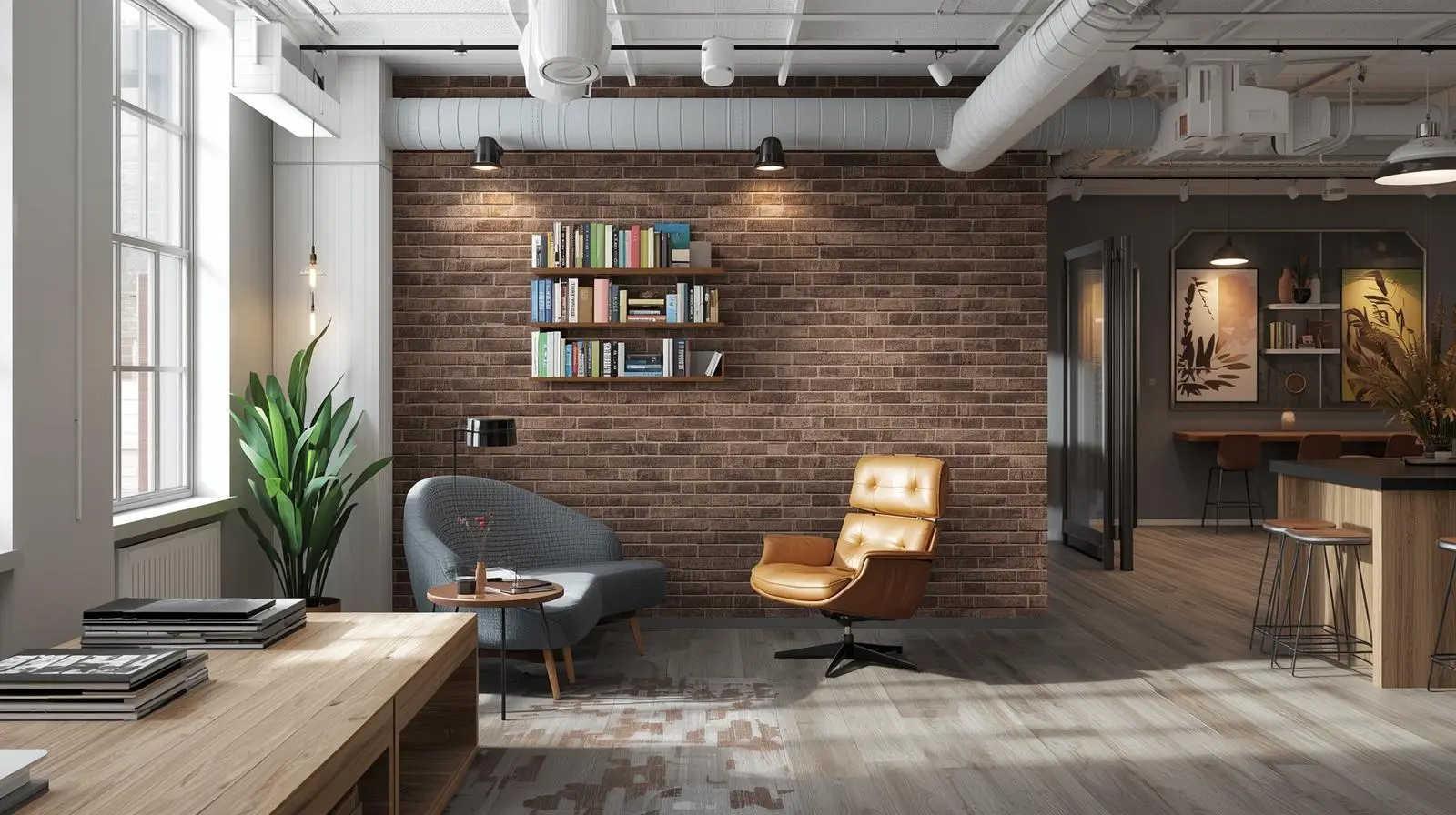 Brick-look subway tile feature wall in a modern office lounge