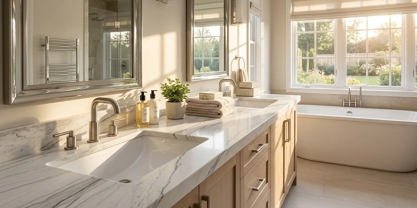 Honed Zermatt Quartzite bathroom vanity top with natural stone veining