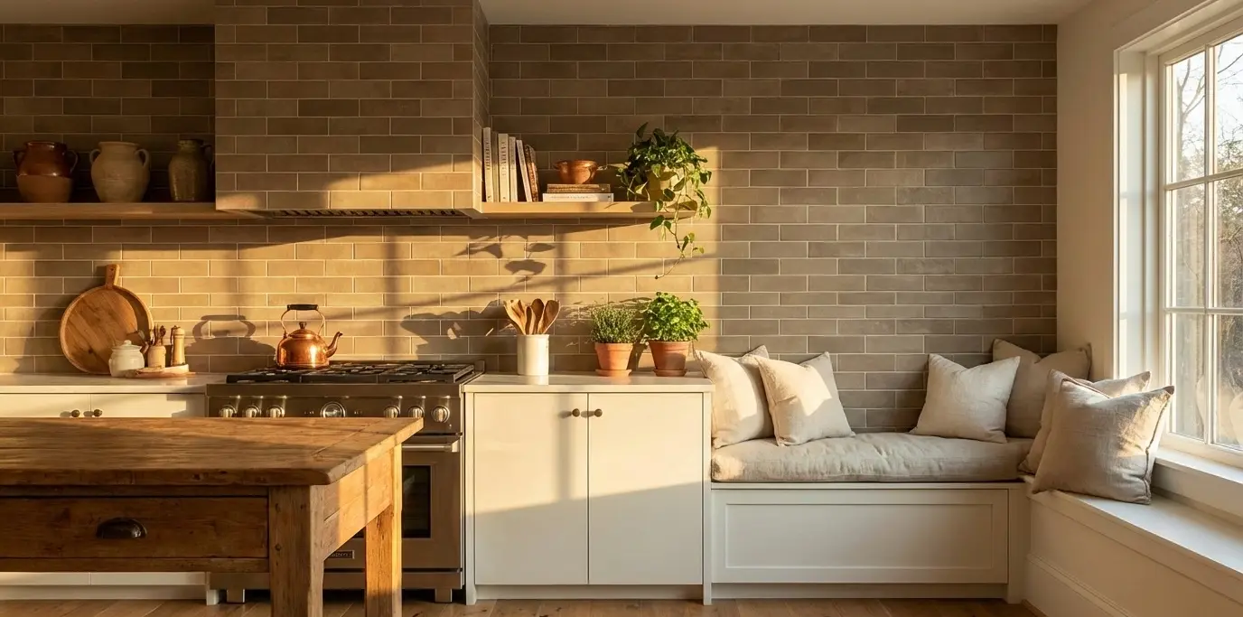 Cozy kitchen with warm taupe subway tile backsplash