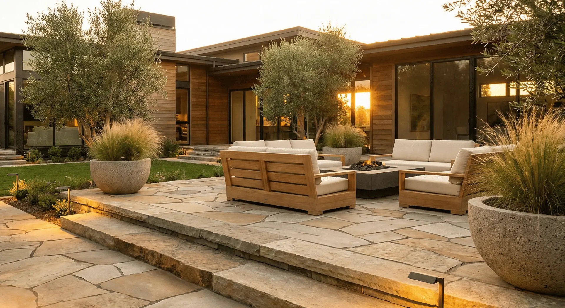 Modern outdoor patio with stone paving, lounge seating, fire pit, and landscaped planters