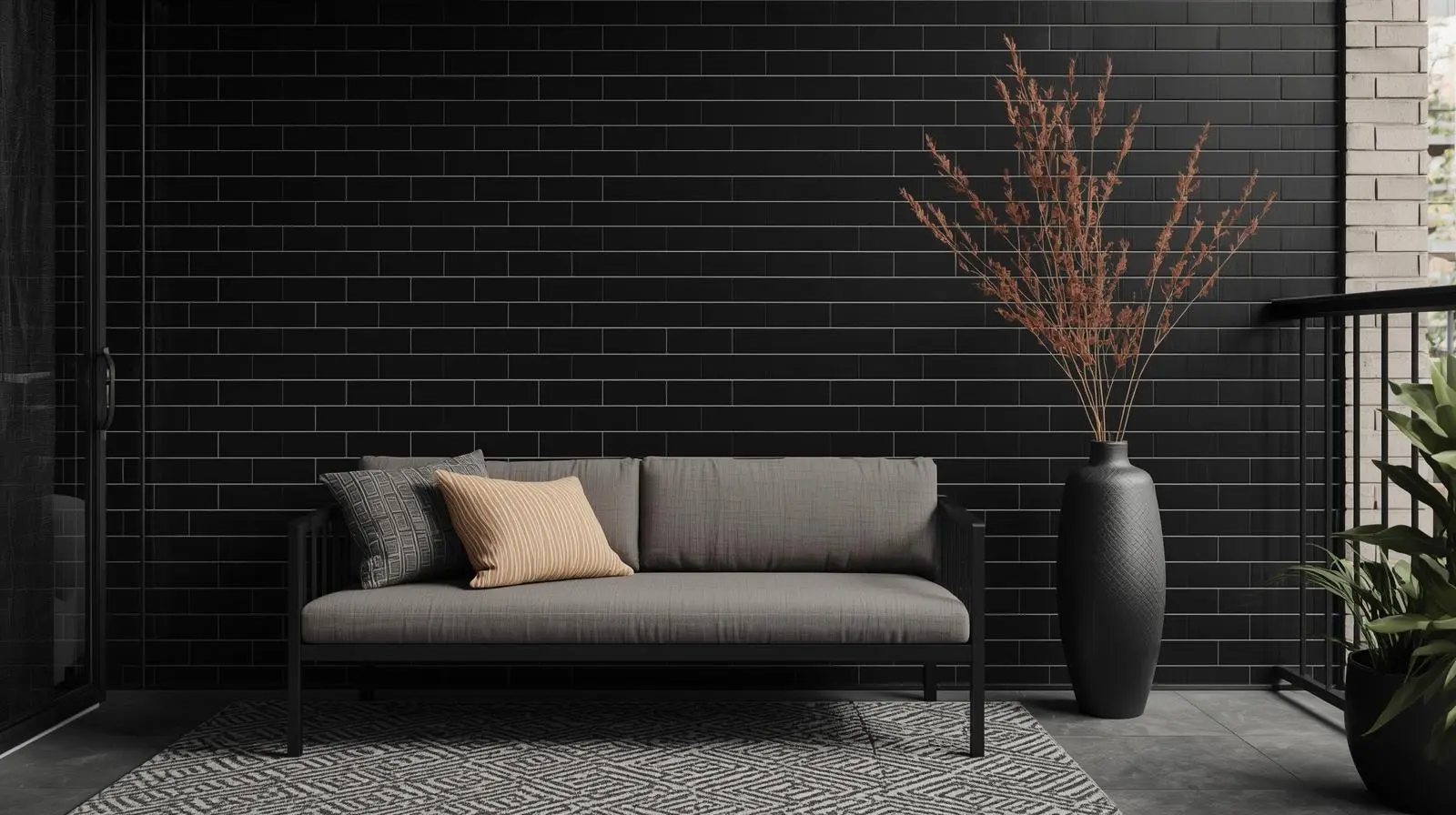 Outdoor lounge with black subway tile wall, modern sofa, patterned rug, and tall decorative vase on a covered patio
