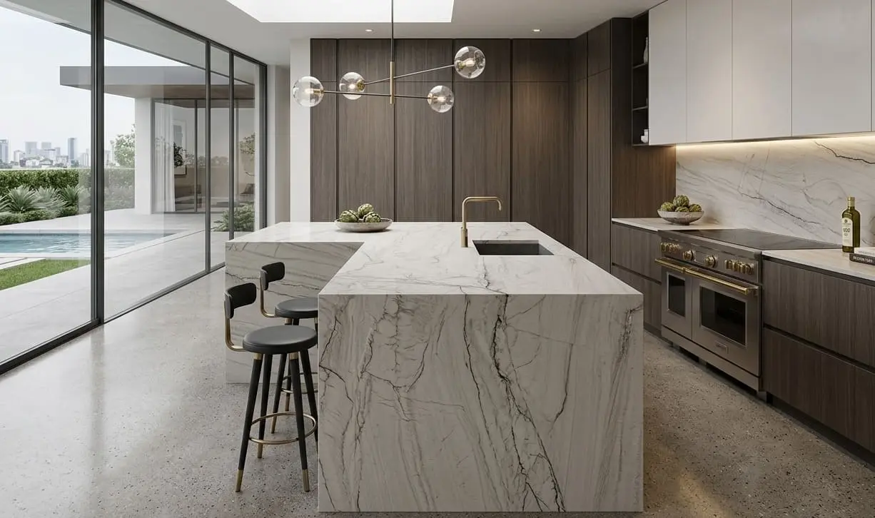 High-end kitchen with large central island and countertops made of zermatt quartzite