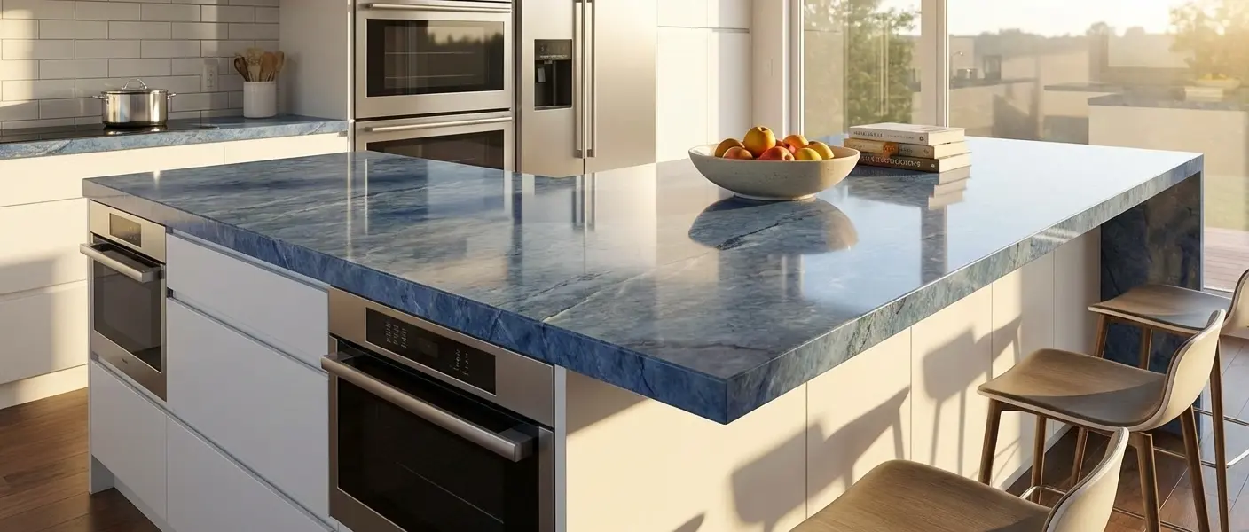 Blue quartz countertop slab in polished finish