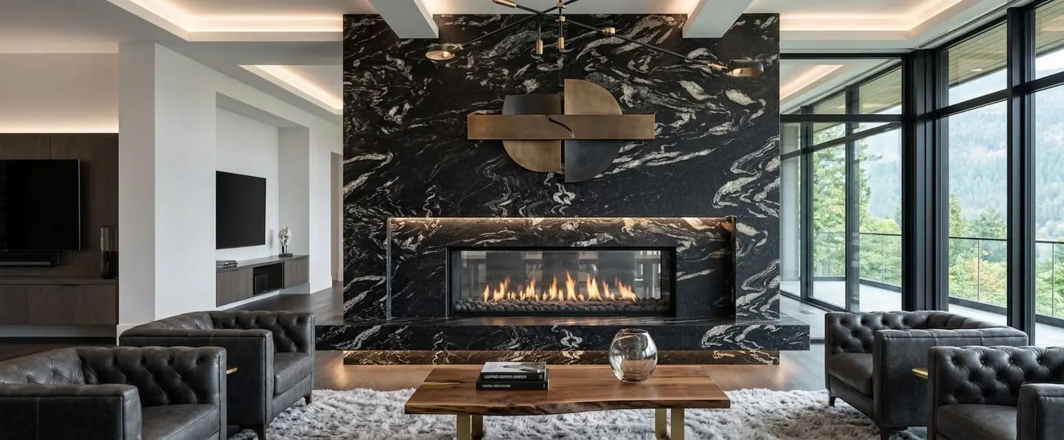 Modern living room with a large, statement titanium granite fireplace