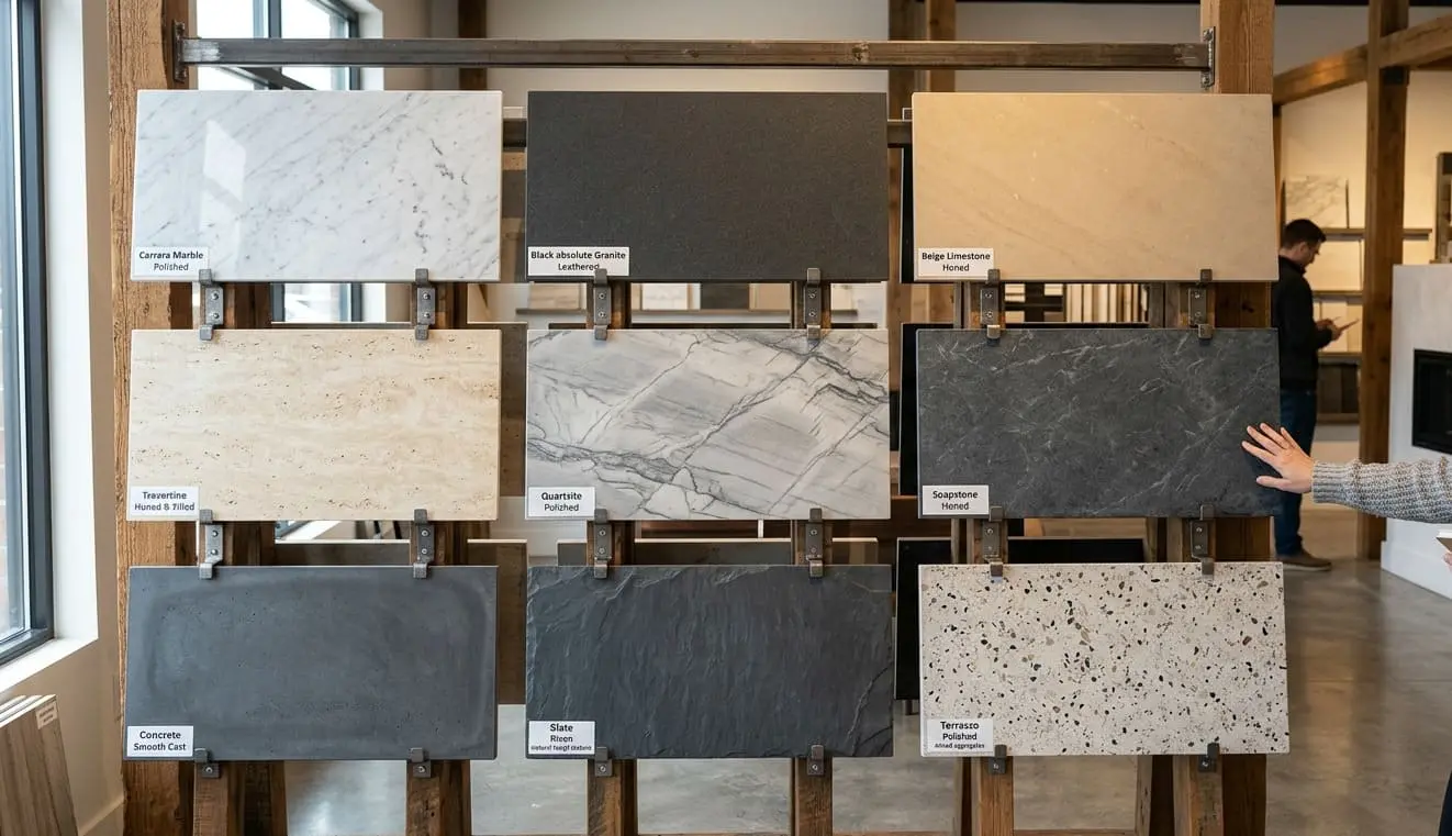 Display rack features several stone slab options for a fireplace surround with different finishes